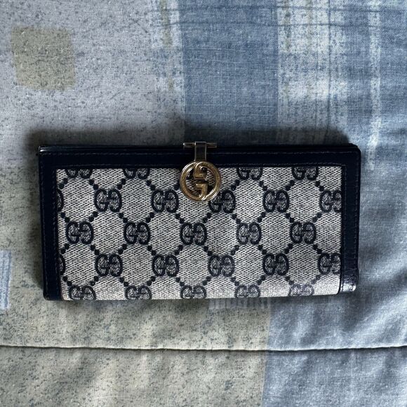 Gucci Handbags - Gucci Vintage GG Canvas Dark blue Leather Bifold Wallet Vintage Italy "7 x 3.5"